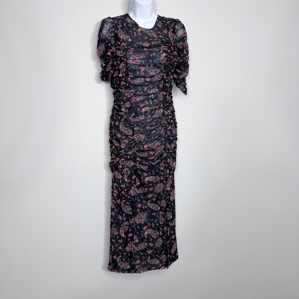 Free People Dress Womens Small Black Floral Mesh Ruched Puff Sleeve Maxi Bodycon